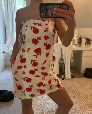 Marshalls Red and white floral strapless mini dress thumbnail 1
