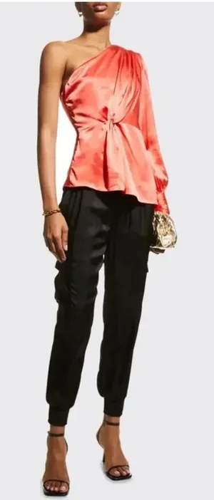 CINQ A SEPT NWT Stace Silk One Shoulder Blouse in‎ Coral Going Out Date Looks thumbnail 1