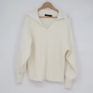 ZESICA Womens Off White Ribbed Knit Collared V-Neck Pullover Sweater Size L thumbnail 2