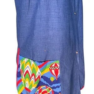 Vintage 70s Hot Air Balloon Smock Vest Blue Chambray Rainbow‎ Snap Front Top thumbnail 4