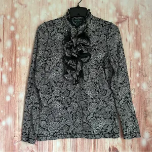 Lauren Ralph Lauren Black White Paisley Ruffle Front Long Sleeve Blouse Sz S thumbnail 2