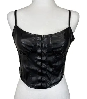 Corset Bustier Top Black‎ Faux Leather Hook Front Steampunk Punk Goth Sexy Sz S thumbnail 1