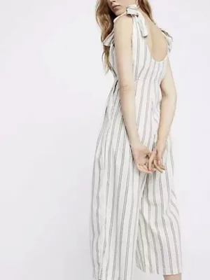 Free People Cream & Navy PinStriped Linen Tie-Shoulder Wide Leg Crop Jumpsuit 2 thumbnail 6
