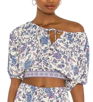 Joie Folk Song Cropped Off Shoulder‎ Floral Top Peasant Boho Purple Blue White S thumbnail 1