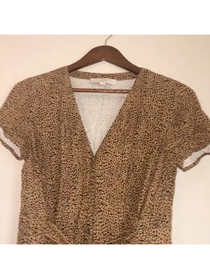 LOFT Leopard Print V-Neck Tie-Waist Midi Dress Women's Size 0 thumbnail 3