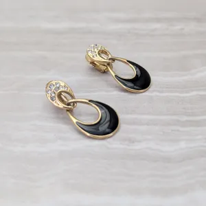 Vintage Clip On Earrings Stylish Gold Tone with Black Enamel & Clear Gems thumbnail 5