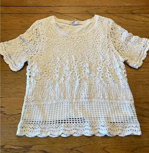 Design History Women's White Cotton Crochet Sheer Boat Neck Top Short Sleeve L thumbnail 1