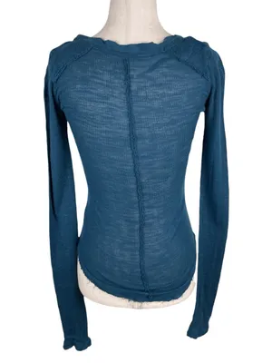 Free People We the Free Scoop Neck Long Sleeve Top XS Raw Edge Rayon Linen Knit Tight Fit thumbnail 10