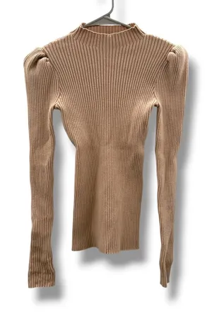 VICI‎ Mock Neck Sweater Small Tan Ribbed Puff Shoulder Long Sleeve Knit Top thumbnail 1