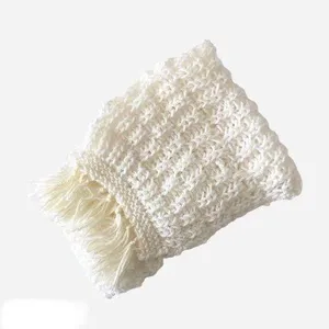 Handmade Cream White Crochet Knit Tassel Scarf thumbnail 1