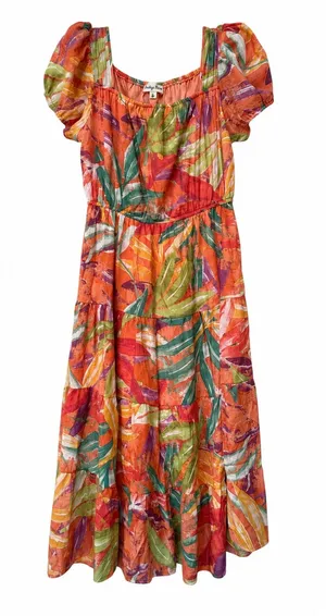 Tropical Floral Puff Sleeve Midi Dress Boho Resort Large NWT thumbnail 1