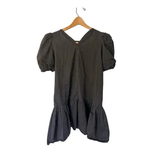 TCEC Washed Black Cotton Puff Sleeve Ruffle Drop Hem‎ Mini Dress S CD02190 thumbnail 6