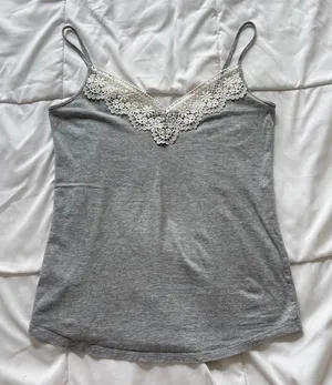 Loft Gray Lace Trim Cami V-Neck Spaghetti Strap Cotton Blend Tank Top Medium thumbnail 1