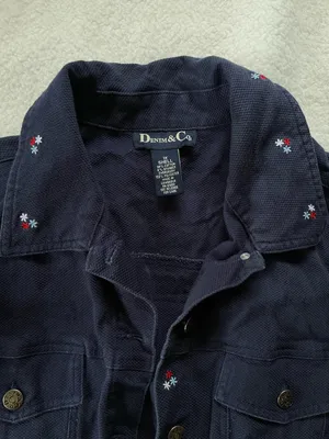 Denim & Co Navy Blue Jean Jacket Embroidered Flowers Red White Blue Patriotic 1X thumbnail 2