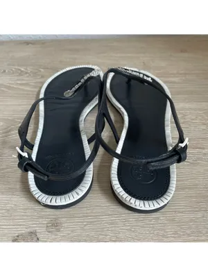 Tory Burch Miller Fringe T Strap Sandals Black Size 7 Neutral Leather Luxury thumbnail 3