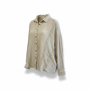 Easel Women's Beige Textured Crinkle Gauze Button Up Shirt Top Medium‎ thumbnail 2
