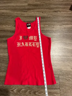 Harley Davidson Red Ribbed sleeveless tank top XL Y2K Rhinestone Heart Biker thumbnail 5