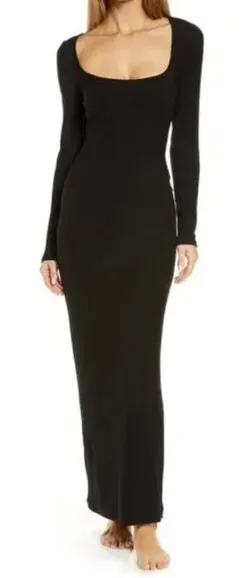 Skims Soft Lounge Long Sleeve Dress in Black thumbnail 1