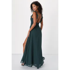 NWT Lulus Dreamy Admiration Emerald Green Ruffled Maxi Dress Bridesmaid Size M thumbnail 3