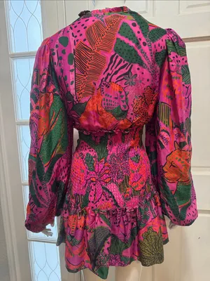 Farm Rio Boho Cool Leopards Mini Dress V-Neck Smocked Mini Dress Size Large thumbnail 10