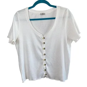 Pimkie Collection White Pointelle Henley Top Women's M Short Sleeve Button Front thumbnail 1