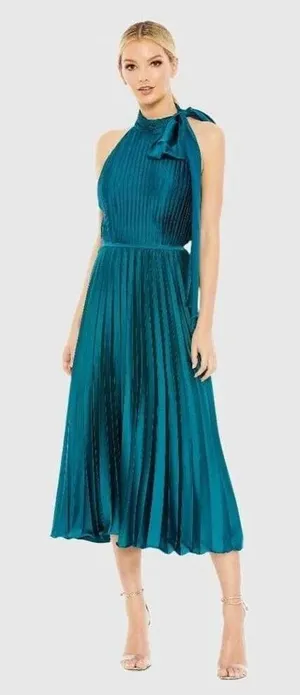 Ieena for Mac Duggal 26909 Pleated High Neck Kitten Bow Midi Dress Teal 8 thumbnail 1