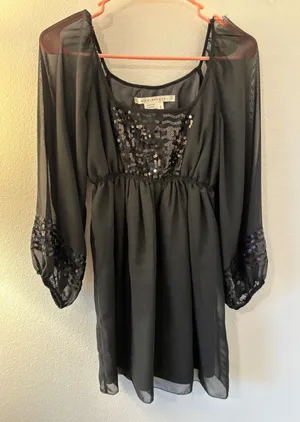 Max Studio Black Sequin Empire Waist Tunic Sheer Balloon Sleeve Mini Dress goth thumbnail 1