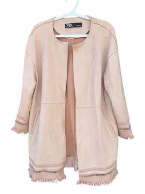 Zara Faux Suede Fringe Jacket Women M Blush Pink Open Front Boho Festival thumbnail 3