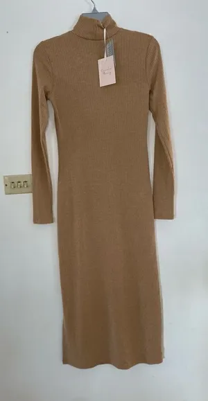 Charles Henry Ribbed Sweater Dress Turtleneck Side Slit Mocha NWT Size XS thumbnail 1