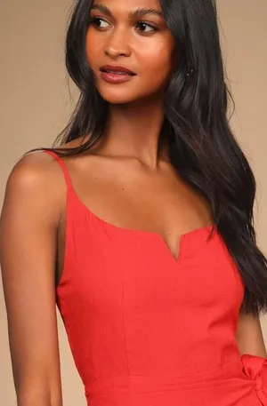 NEW Lulus Sunny Oasis Mini Dress XL Coral Red Ruffled Faux-Wrap Sleeveless thumbnail 6