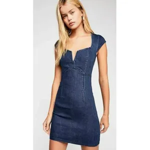 Free People Denim Jean Lia Split Neck Cap Sleeve Stretch Mini Bodycon Dress XS thumbnail 2