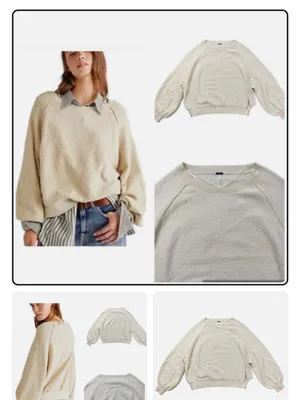 Free People Cream Textured Balloon-Sleeve Crewneck Sweater thumbnail 3