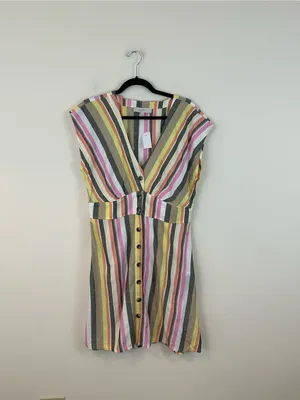 LOFT Multicolor Striped Button-Front V-Neck Dress Midi Length Size 12 NWT thumbnail 2