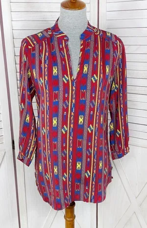 Amanda Uprichard Aztec Native Print Silk Tunic Blouse‎ Red Small thumbnail 1
