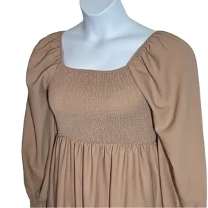 Khaki Smocked Maxi Dress Large Boho Square Neck Ruffle Hem Festival thumbnail 10