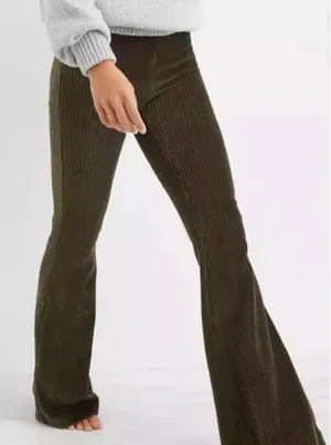 AERIE Groove-On Rib Olive Green Velour High Waist Flare Pants Womens Small thumbnail 1