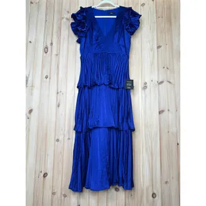 Lulus Stunning Desire Cobalt Blue Satin Pleated Tiered Midi Dress Wedding Medium thumbnail 2