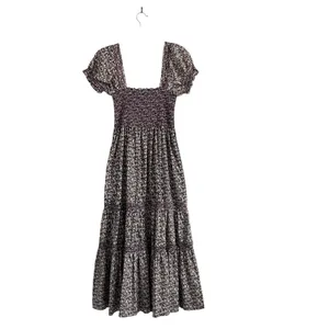 CAARA Smocked tiered Midi dress puff sleeves Ditsy floral Sz M Romantic chic thumbnail 4
