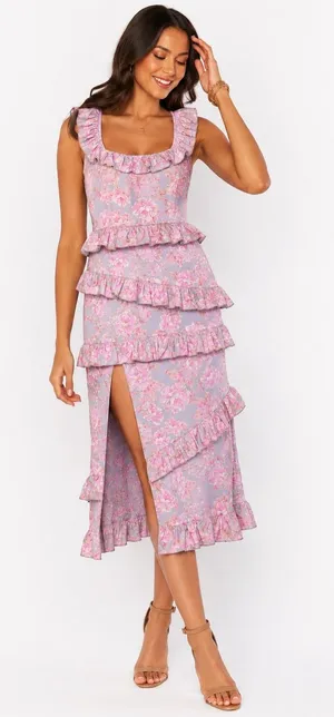 🌸 Show‎ Me Your Mumu Ruffle Floral Midi Dress Pink Blue Made in USA Size L 🌸 thumbnail 1
