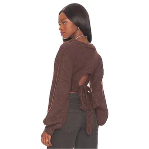 For Love & Lemons Cropped Amelia Sweater Chic Brown Knit with Back Tie Size XL thumbnail 11