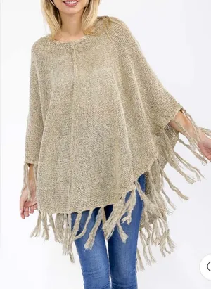 Boutique TRIM FRINGE DETAILED PULLOVER PONCHO Color Taupe thumbnail 1