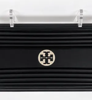 Tory Burch Black Ribbed Hard Shell Clutch Silver Double T Logo thumbnail 1