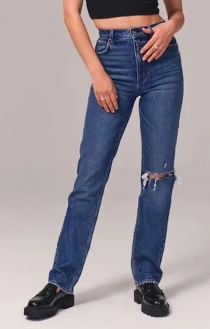 Abercrombie & Fitch The 90's Straight Ultra High Rise Jeans Ripped Knee Size 29 thumbnail 1