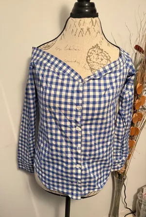 Reformation Blue White Gingham Off The Shoulder Button Down Shirt Womens Small‎ thumbnail 1