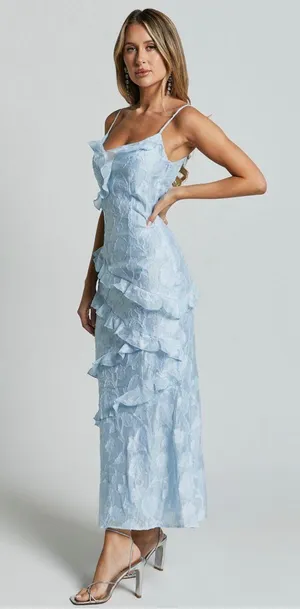 Showpo Michaela Midi Dress Jacquard Ruffle Tiered Light Blue thumbnail 2