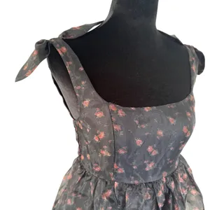 NWT Whimsigoth Floral Organza Midi Dress Black Rose Tie Shoulder‎ Smocked XS thumbnail 5
