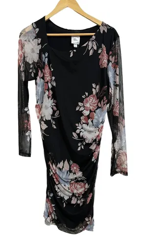 Lisa & Lucy mesh side ruched maternity black floral dress size Large‎ NEW $108 thumbnail 1