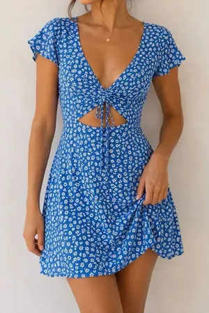 LA Hearts Blue Floral Cutout Mini Dress XS Tie Front Cottagecore Y2K thumbnail 1