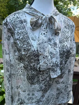 Parker Silk Tie Neck Blouson Dress size L cinched waist Balloon Sleeve 100% Silk thumbnail 3