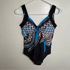 Women's Size Medium‎ One Piece Swimsuit Black Blue Beige Geometric V-Neck thumbnail 3